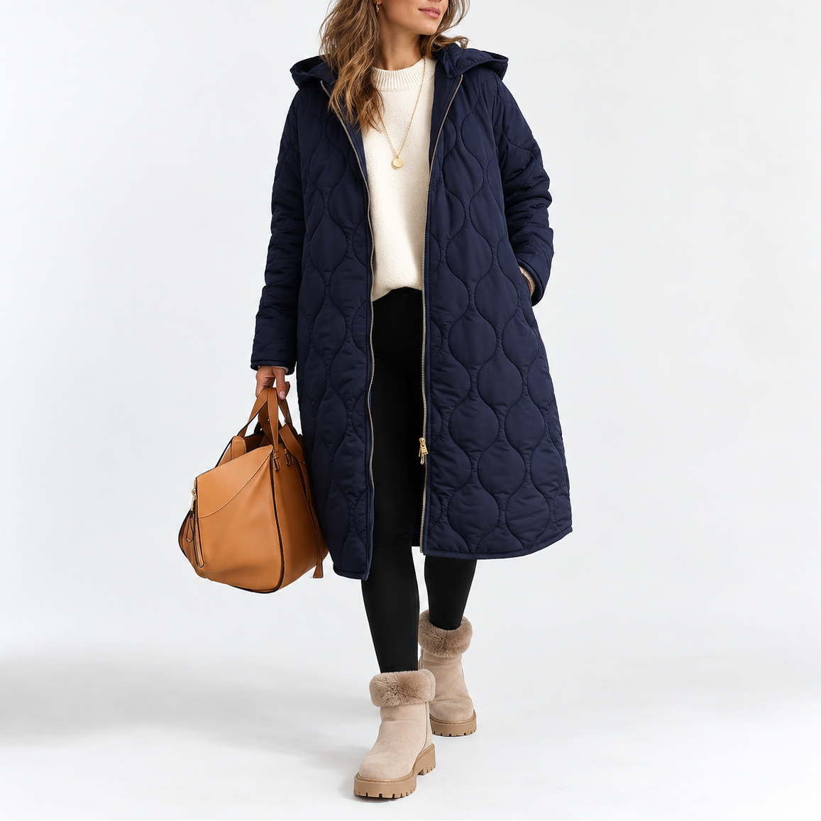 Women's Long Quilted Hooded Zip-Up Padded Winter Coat with Pockets