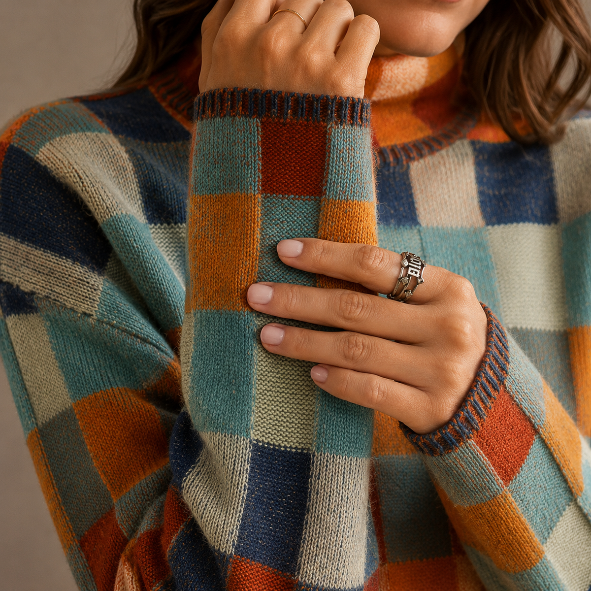 Women's Oversized Check Pattern Roll-Neck Winter Jumper