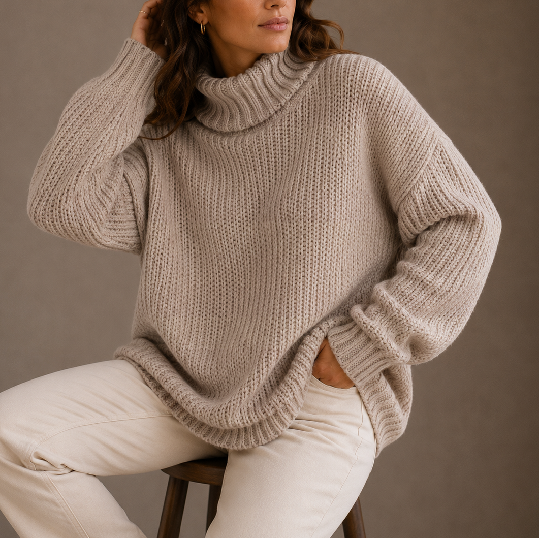 Women's Oversized Chunky Knit Drop-Shoulder Roll-Neck Winter Jumper