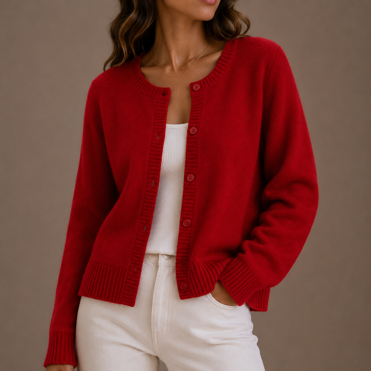 Women's Round-Neck Button-Up Relaxed Fit Knit Cardigan