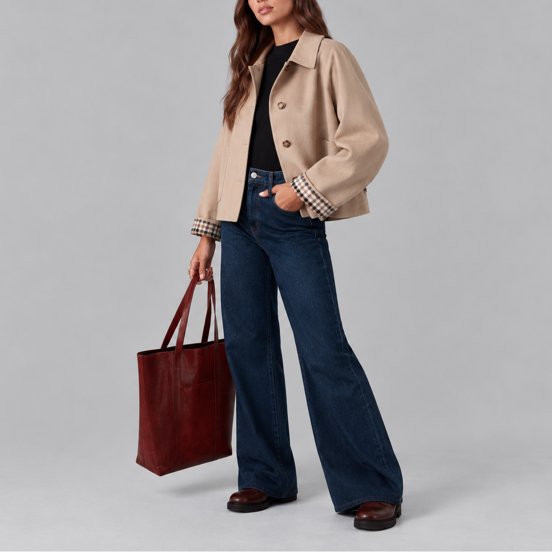 Women's Cropped Structured Check Lined Autumn Trench Jacket