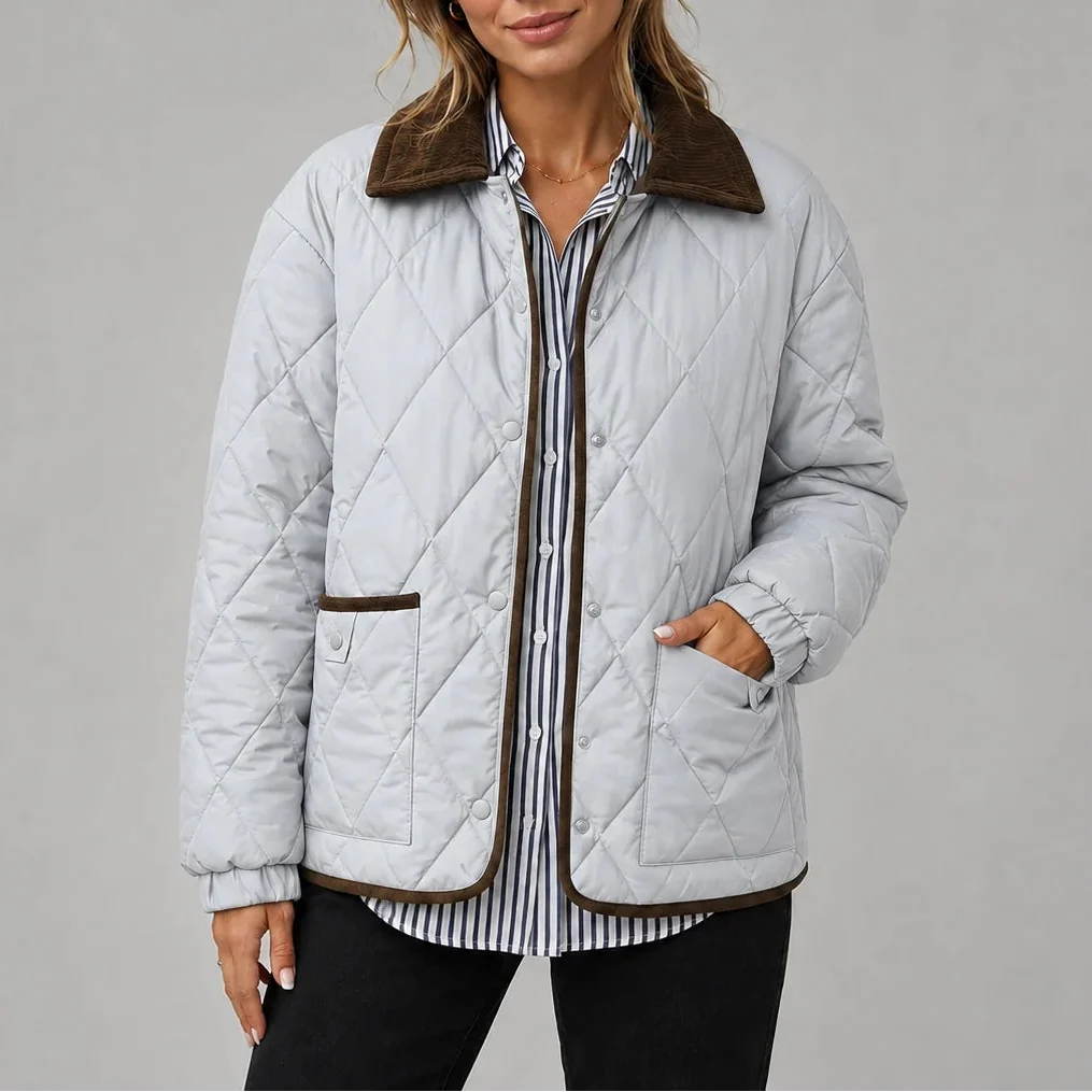 Women's Diamond Quilted Corduroy Collar Press-Stud Autumn Jacket