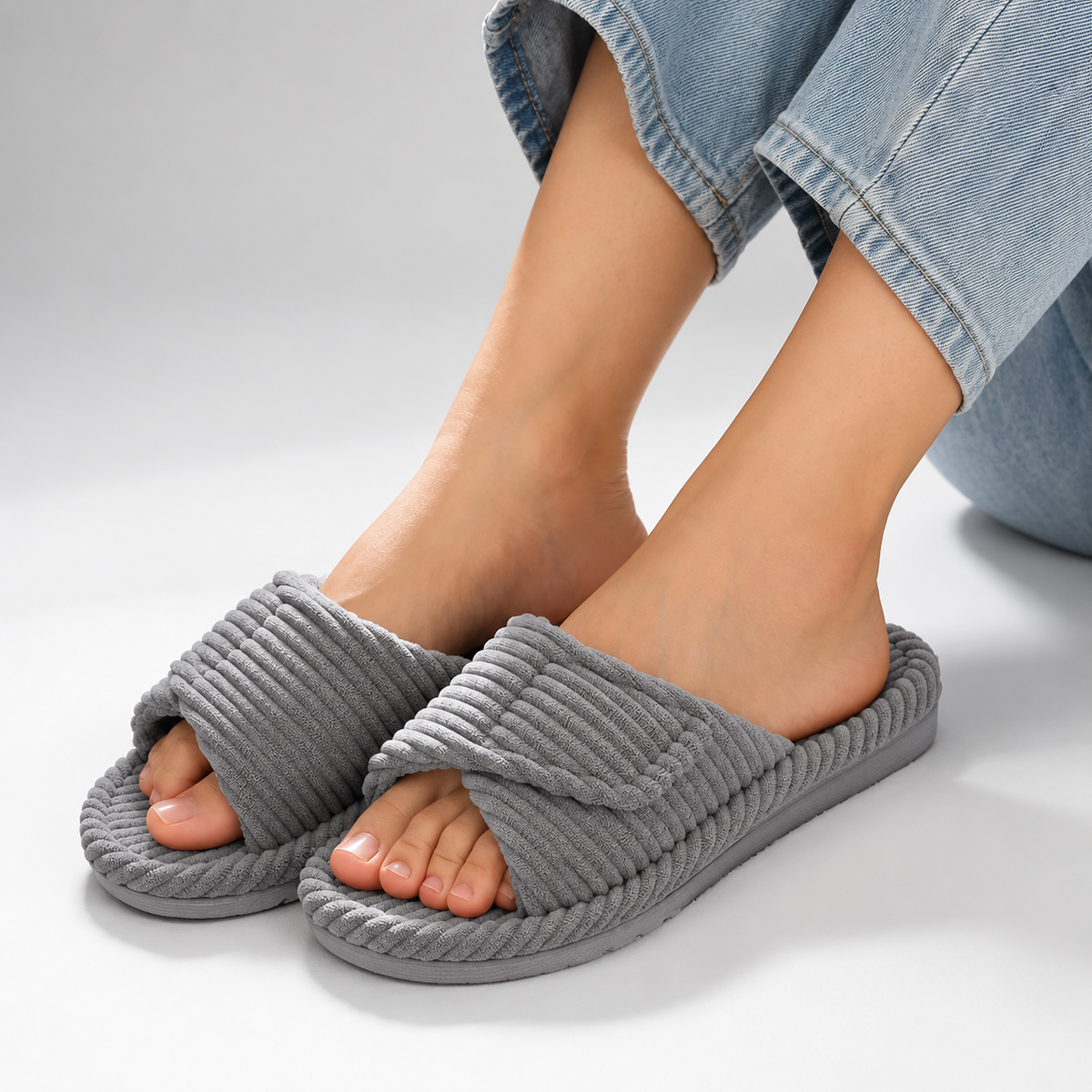 Women's Open-Toe Corduroy Cushioned Slip-On Indoor House Slippers