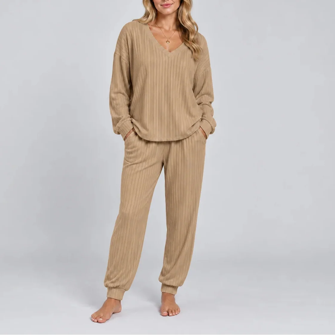 Women's Ribbed Two-Piece V-Neck Long-Sleeve Relaxed Fit Lounge Set