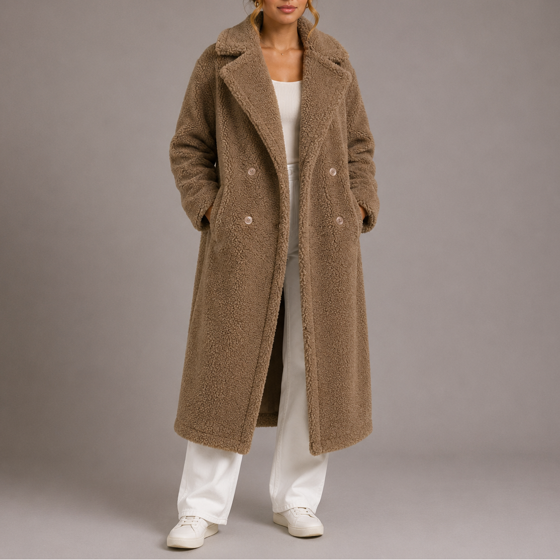 Women's Long Double-Breasted Faux Fur Teddy Winter Coat
