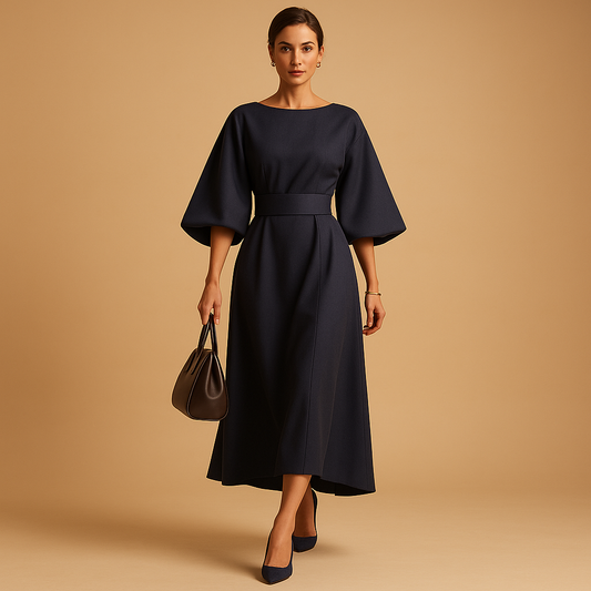 A-line midi dress with belt for women featuring flared sleeves and a tailored fit. Perfect for office wear, chic dinners, and semi-formal occasions.