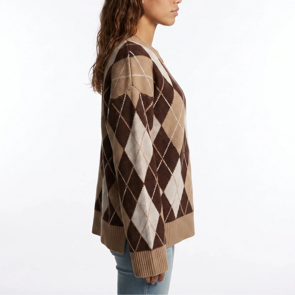 Women's Diamond Pattern Round-Neck Long-Sleeve Knit Winter Jumper