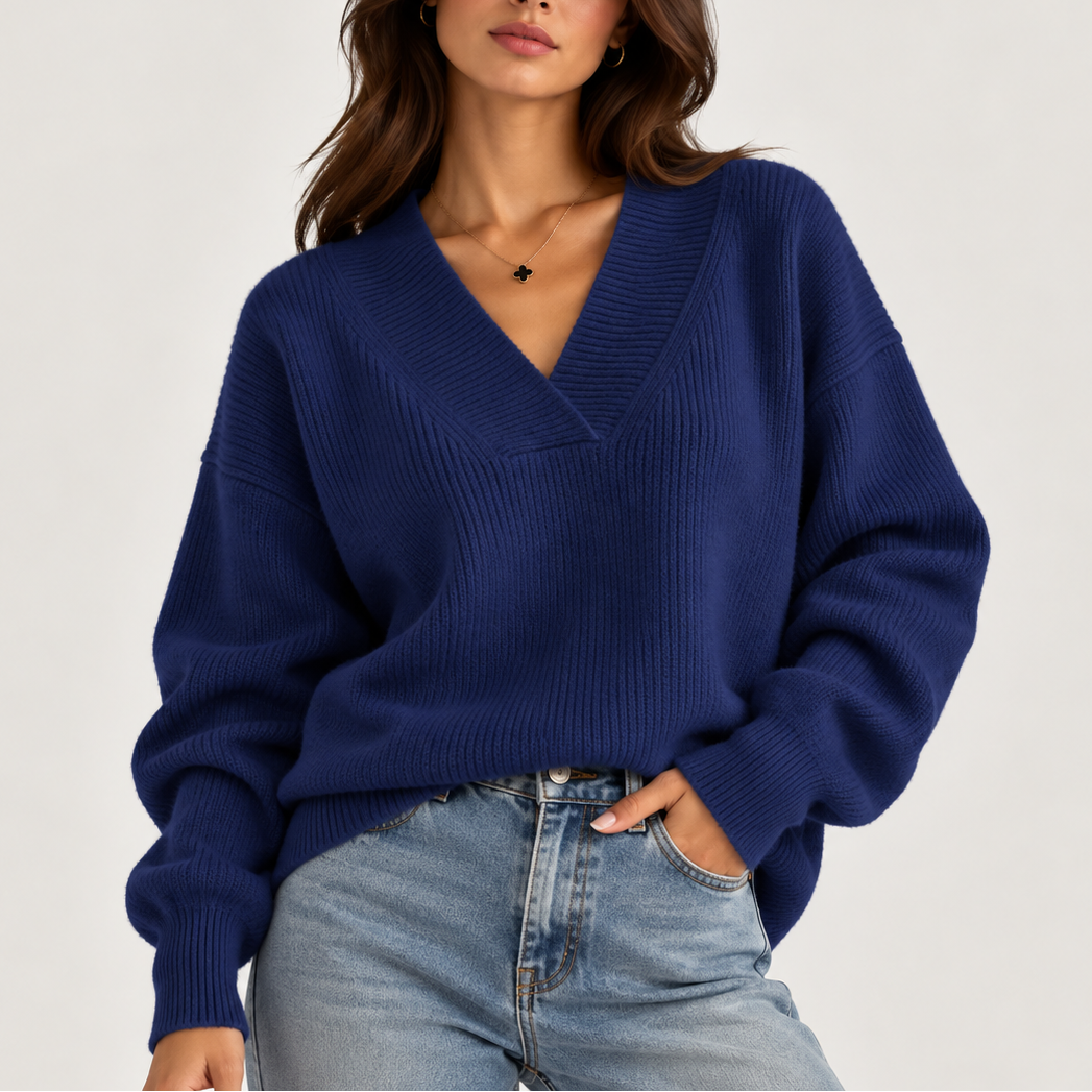 Women's Oversized Deep V-Neck Ribbed Trim Knitted Winter Jumper