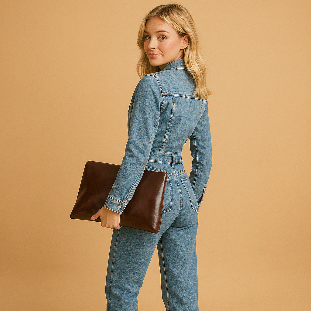Women’s denim jumpsuit with straight-leg fit and long sleeves in blue, ideal for casual everyday wear and versatile styling.