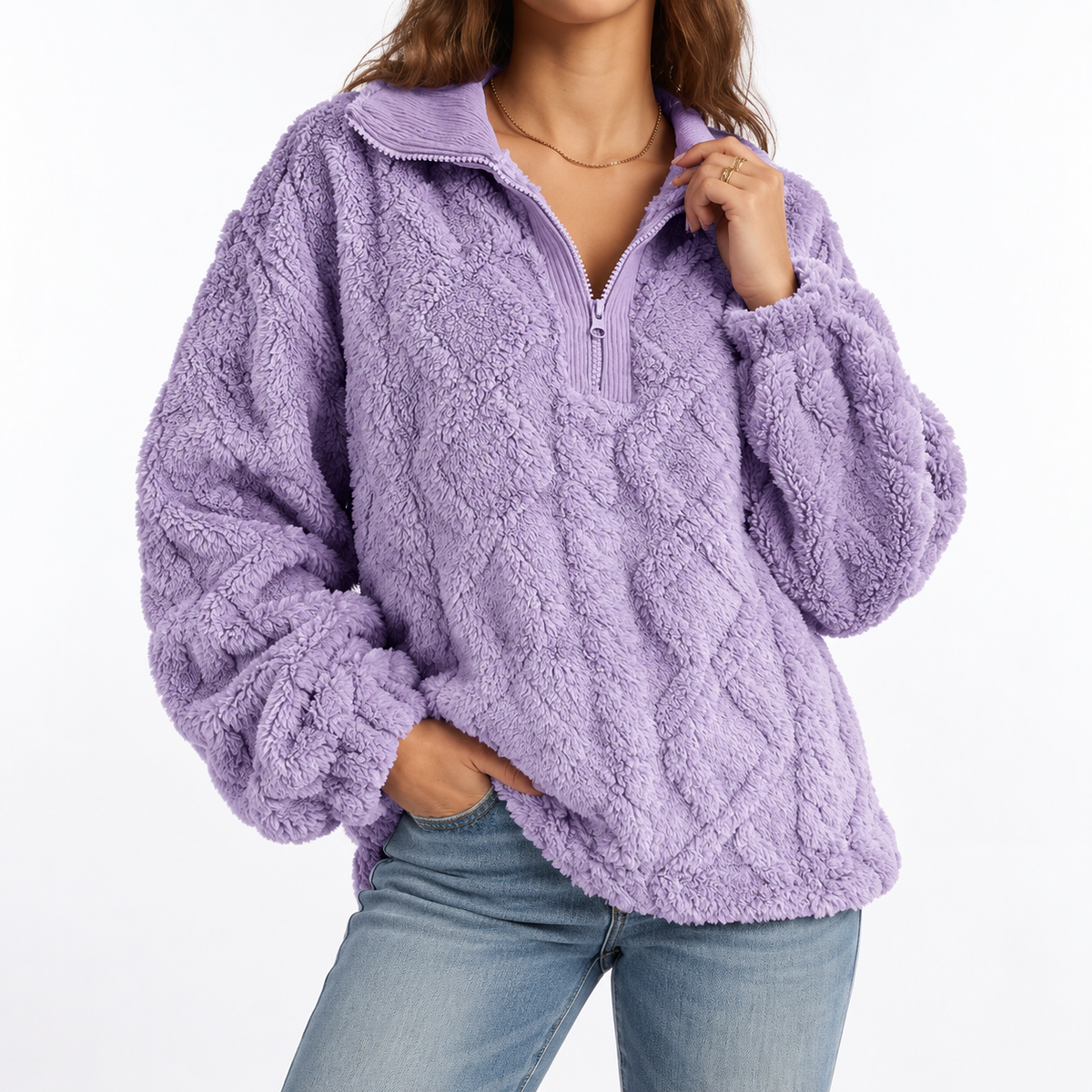Women's Textured Cable Fleece Quarter-Zip Relaxed Fit Winter Pullover