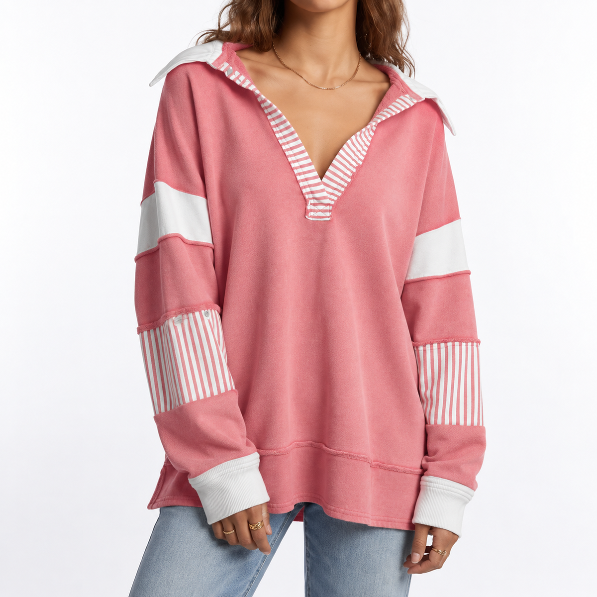 Women's Oversized Collared V-Neck Striped Sleeve Autumn Sweatshirt