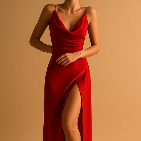 Women’s elegant maxi dress with flowing silhouette and V-neckline, perfect for weddings, galas, and formal occasions.