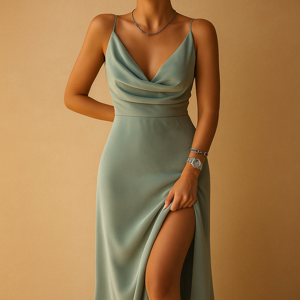 Women’s elegant maxi dress with flowing silhouette and V-neckline, perfect for weddings, galas, and formal occasions.