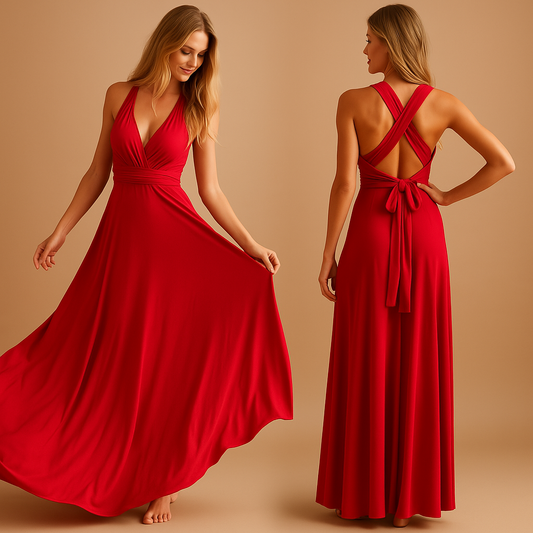 Elegant wrap dress for women named Isabella, with long adjustable straps and 20+ styling options, perfect for weddings, dinners, or special occasions.