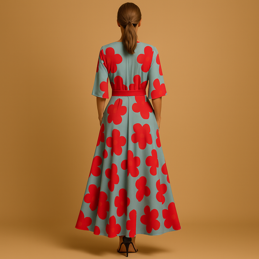 Floral maxi dress with v-neck for women featuring elbow-length sleeves, fitted waist, flowing skirt, and pockets. Ideal for summer outings, parties, or evenings.