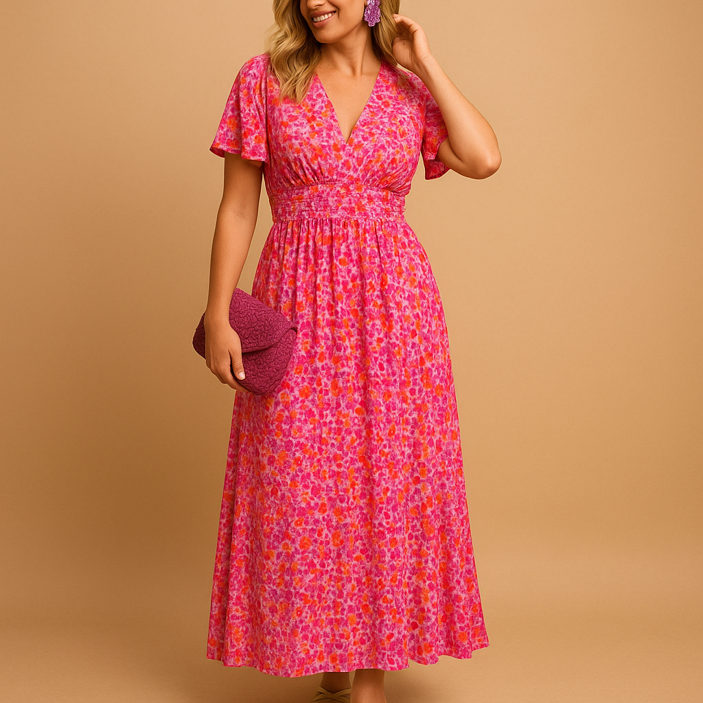 Floral maxi summer dress for women with V-neckline and flowy fit, perfect for casual summer outings or elegant evening occasions.
