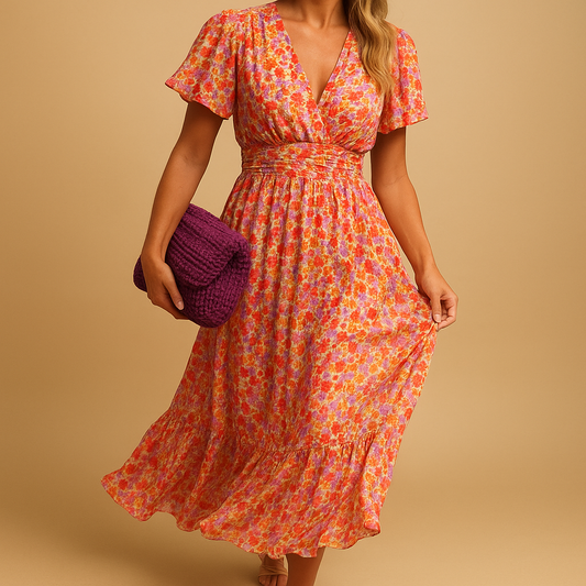 Floral maxi summer dress for women with V-neckline and flowy fit, perfect for casual summer outings or elegant evening occasions.