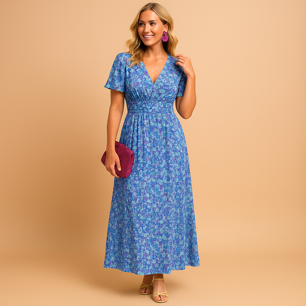 Floral maxi summer dress for women with V-neckline and flowy fit, perfect for casual summer outings or elegant evening occasions.