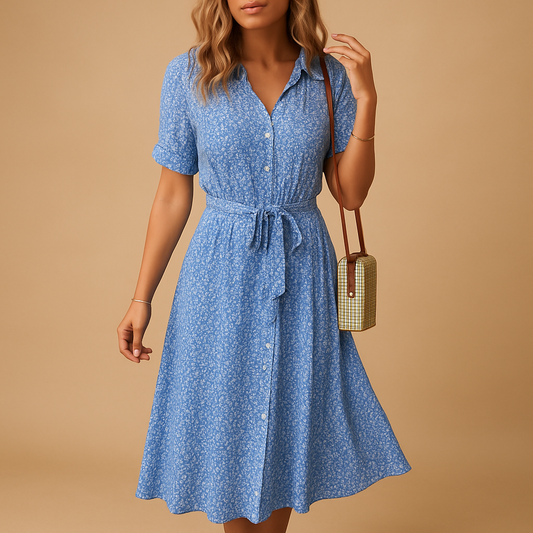 Floral print midi dress for women named Grace, with short sleeves and a flattering fit, perfect for summer parties, casual outings, or terrace days.
