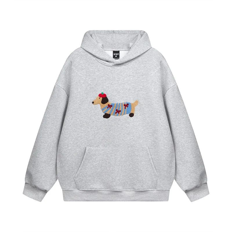 Women's Oversized Embroidered Dachshund Cotton Blend Autumn Hoodie