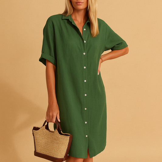 Long shirt dress for women with short sleeves and classic fit, ideal for summer days, office wear, or parties.