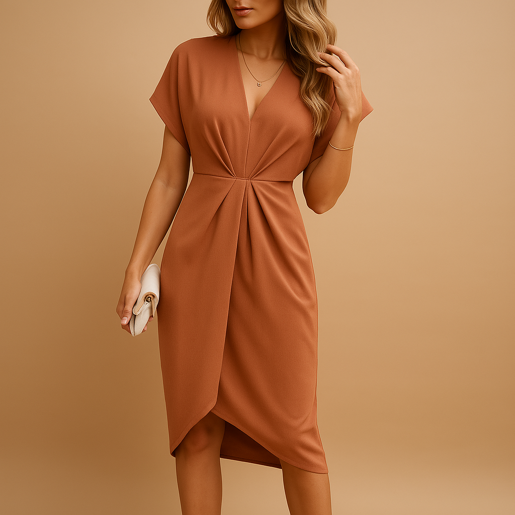 Elegant midi wrap dress for women with timeless silhouette, perfect for work, dinner dates, and versatile everyday styling.