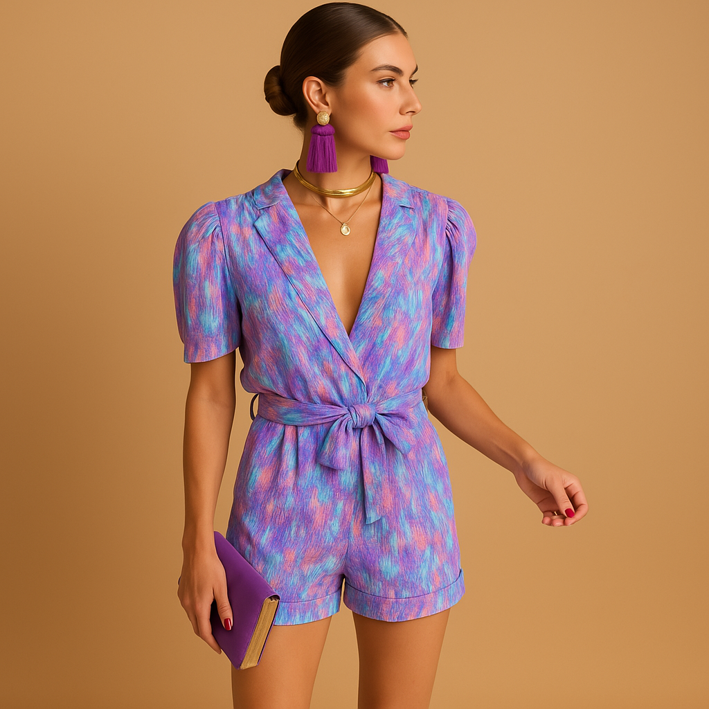 Women’s short summer jumpsuit with vibrant print and belted waist, perfect for warm days, beach trips, and evening occasions.