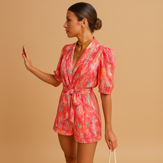 Women’s short summer jumpsuit with vibrant print and belted waist, perfect for warm days, beach trips, and evening occasions.