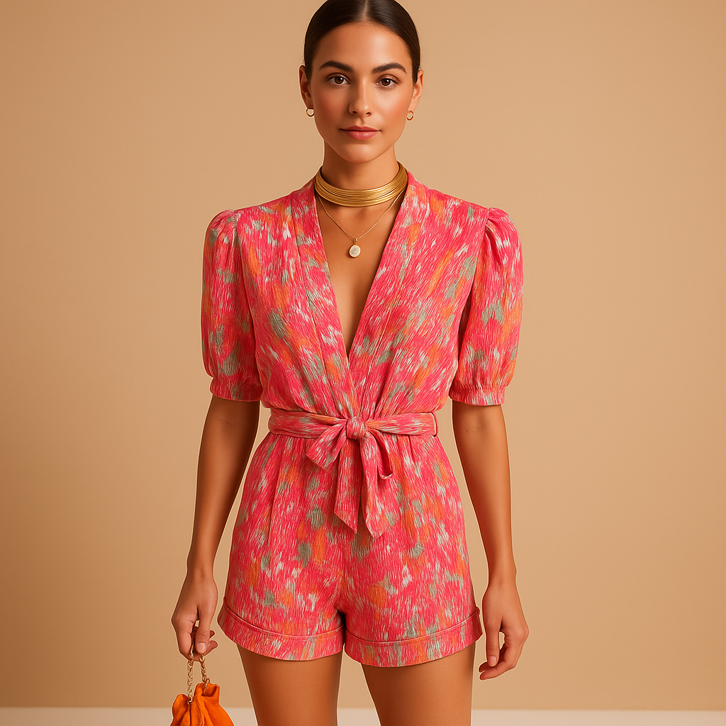Women’s short summer jumpsuit with vibrant print and belted waist, perfect for warm days, beach trips, and evening occasions.