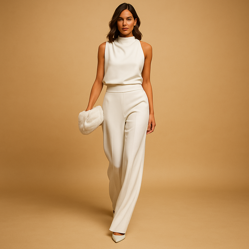 Women’s sleeveless halter jumpsuit with high waist, wide-leg cut, decorative bow, and side pockets, perfect for summer evenings and festive events.
