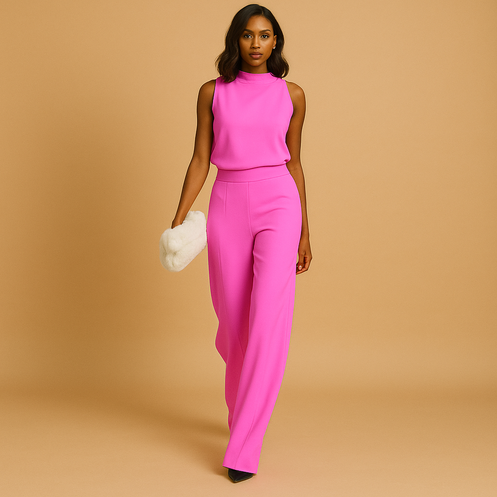 Women’s sleeveless halter jumpsuit with high waist, wide-leg cut, decorative bow, and side pockets, perfect for summer evenings and festive events.