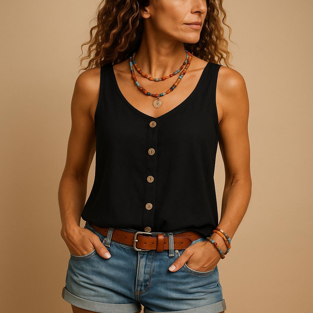 Sleeveless summer top for women with V-neck and pockets, ideal for warm days and casual versatile outfits.
