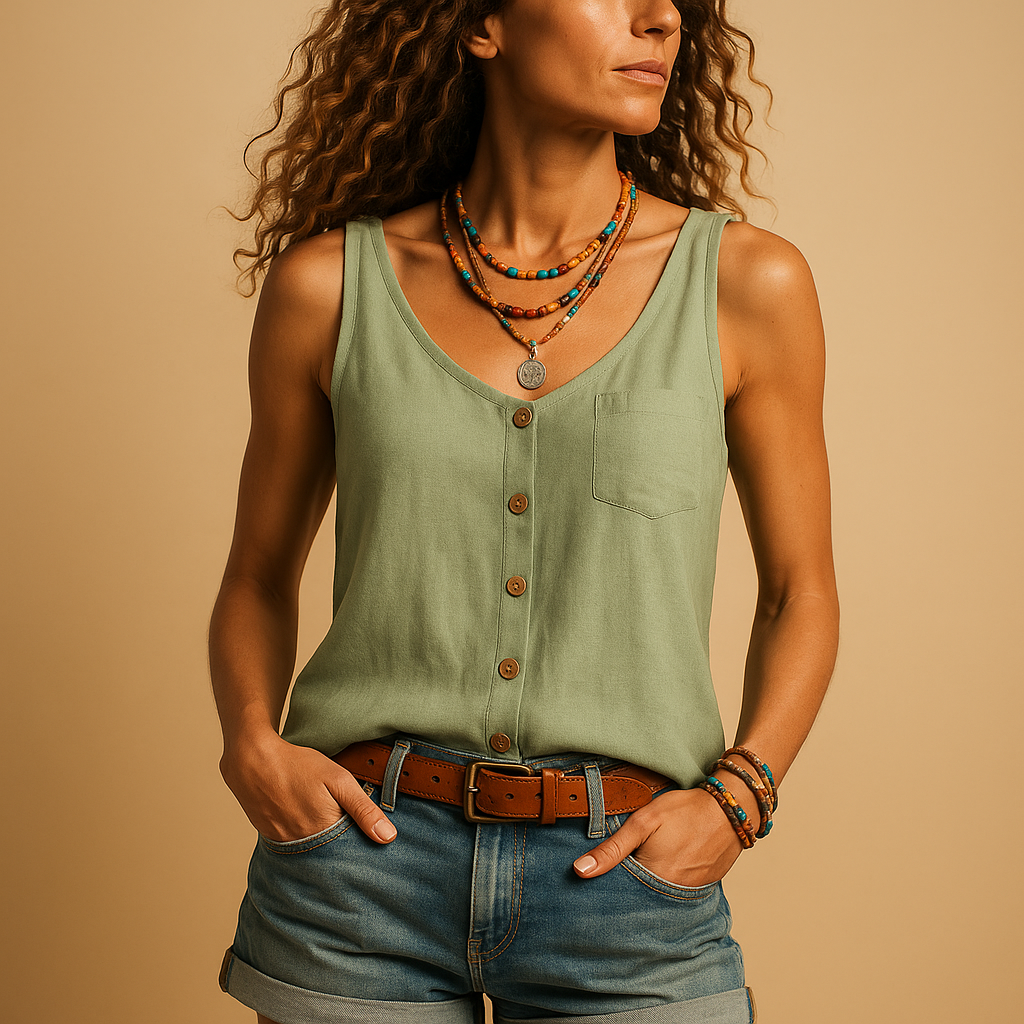 Sleeveless summer top for women with V-neck and pockets, ideal for warm days and casual versatile outfits.