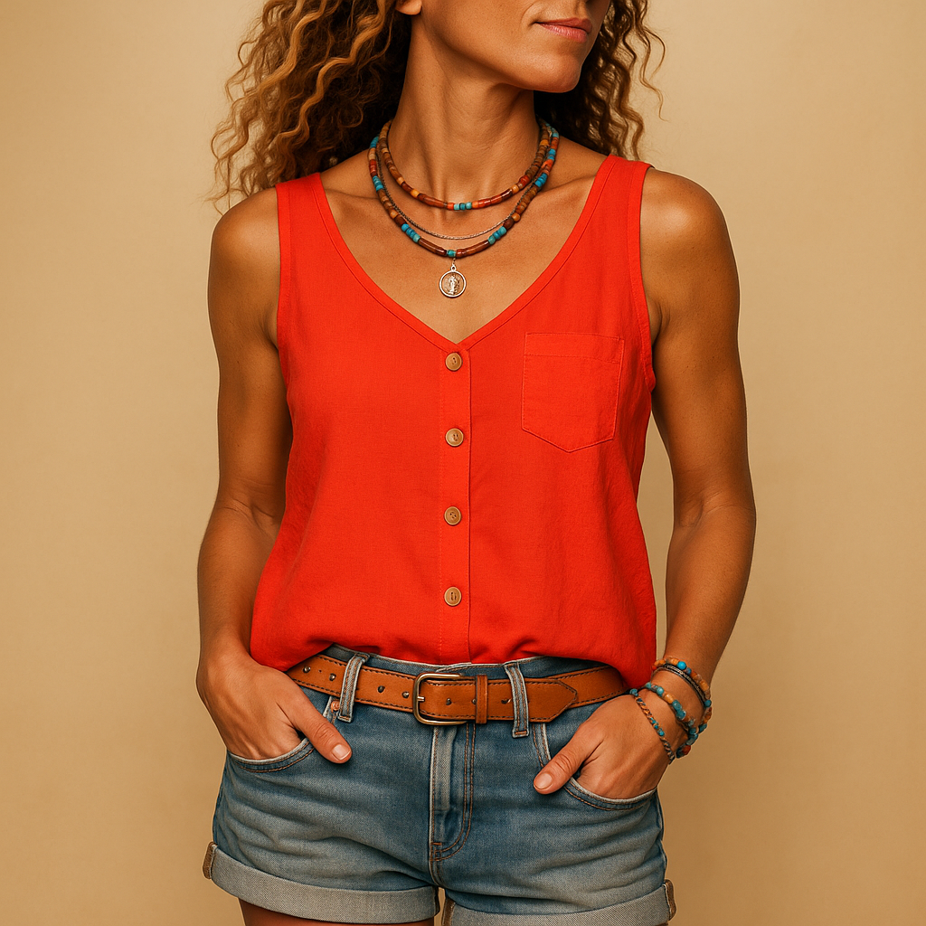 Sleeveless summer top for women with V-neck and pockets, ideal for warm days and casual versatile outfits.