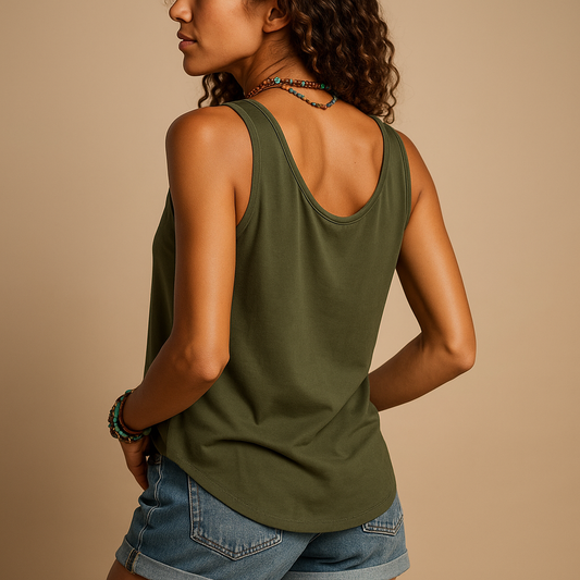 Sleeveless summer top for women with V-neck and pockets, ideal for warm days and casual versatile outfits.