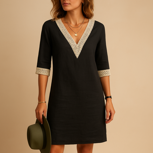Summer V-neck dress for women with lace details and three-quarter sleeves, perfect for beach days and casual summer outings.