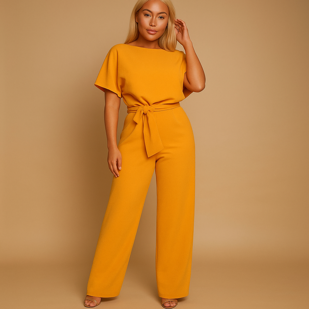 Women’s tailored jumpsuit with high waist and tie detail, available in black, navy, yellow, and apricot, ideal for work or casual chic styling.