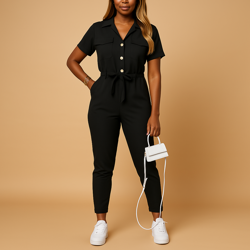 Women’s tailored jumpsuit with flattering silhouette and elegant button details, ideal for office wear, social outings, and evening dinners.