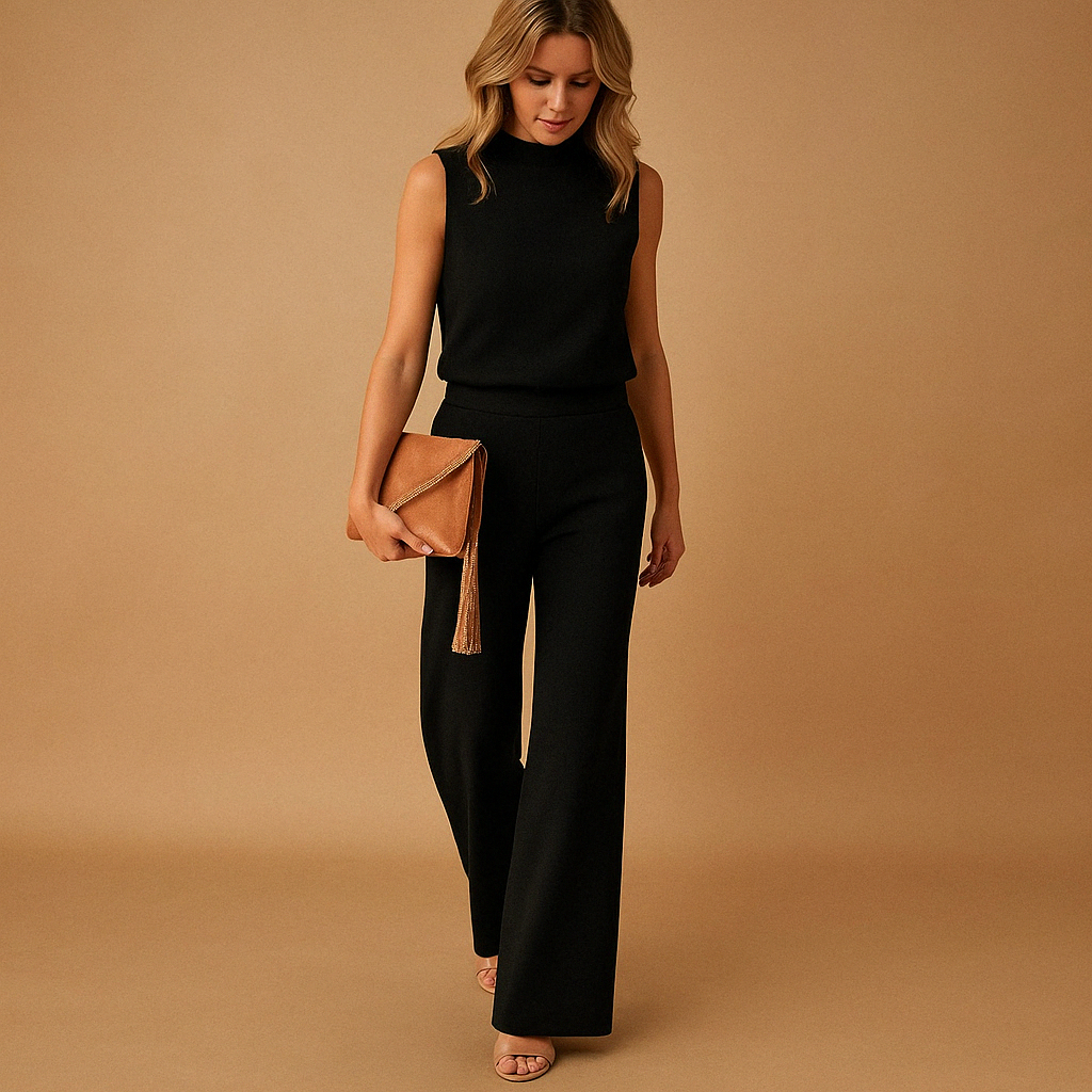 Elegant women’s jumpsuit with round neckline and wide legs in pink, red, blue, or black, ideal for office wear and evening occasions.