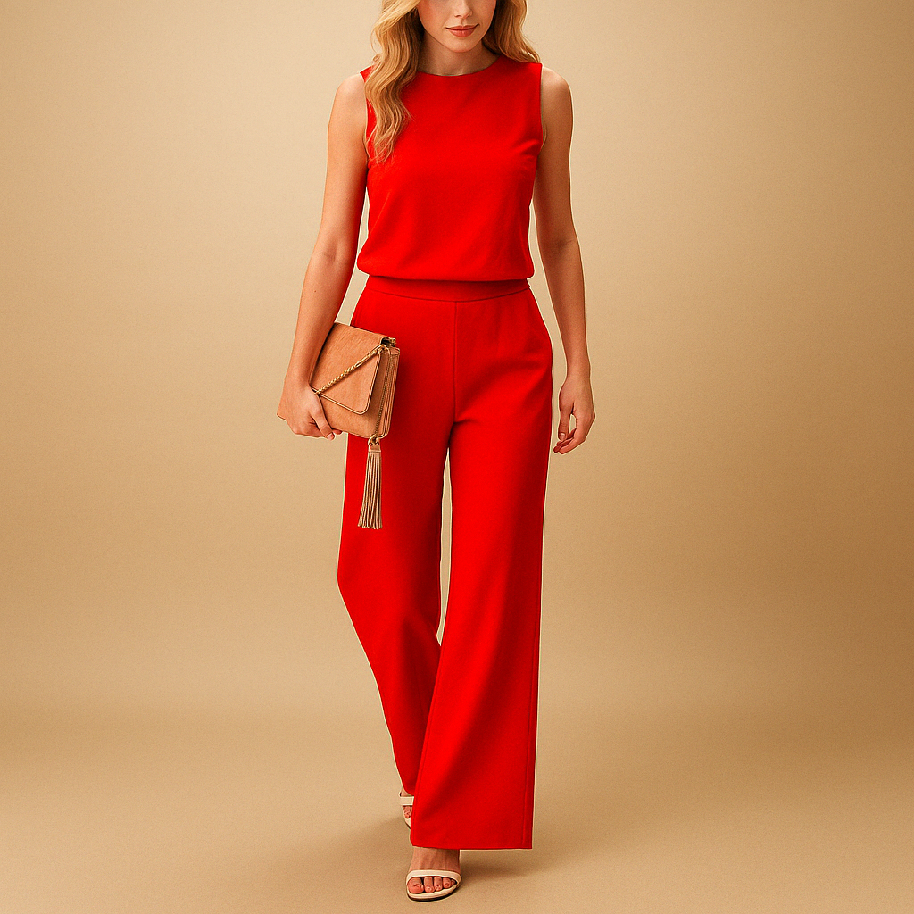 Elegant women’s jumpsuit with round neckline and wide legs in pink, red, blue, or black, ideal for office wear and evening occasions.