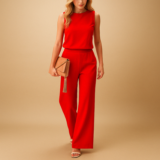 Elegant women’s jumpsuit with round neckline and wide legs in pink, red, blue, or black, ideal for office wear and evening occasions.