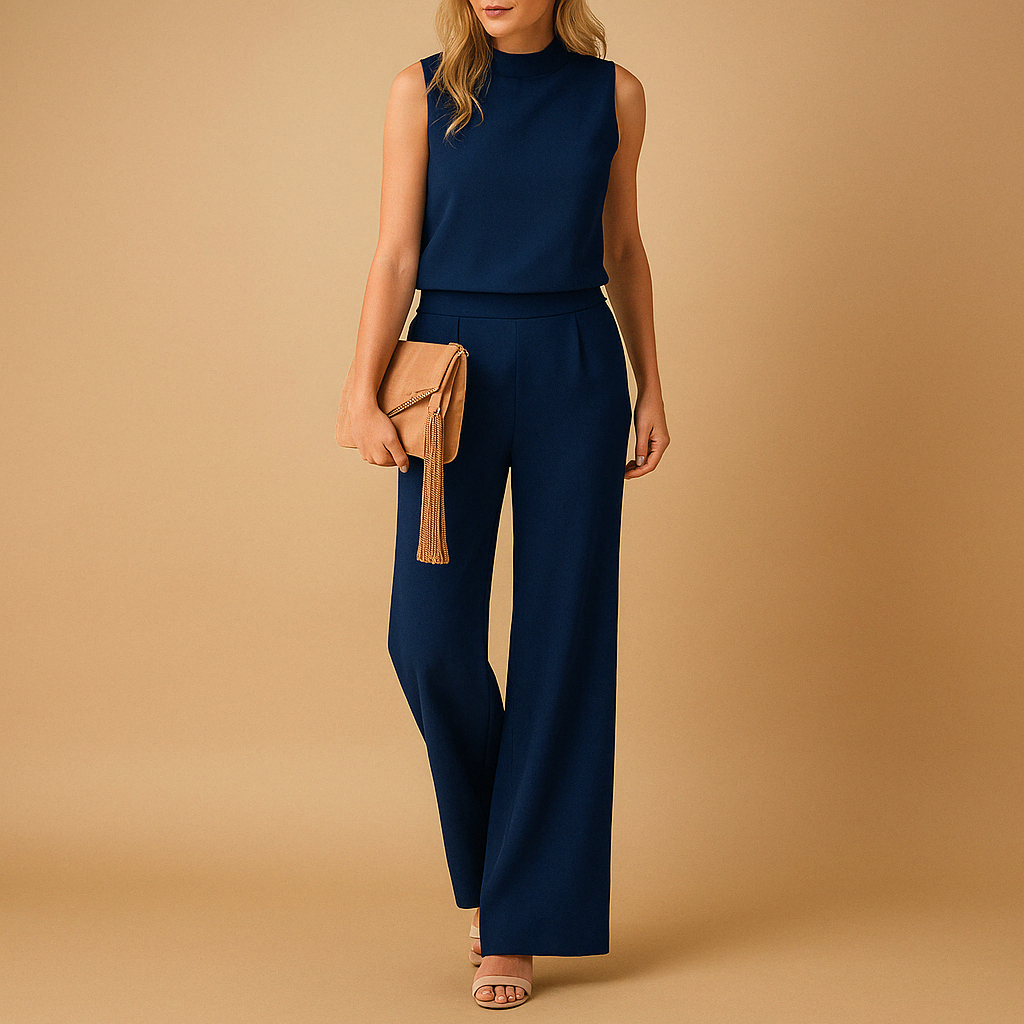 Elegant women’s jumpsuit with round neckline and wide legs in pink, red, blue, or black, ideal for office wear and evening occasions.