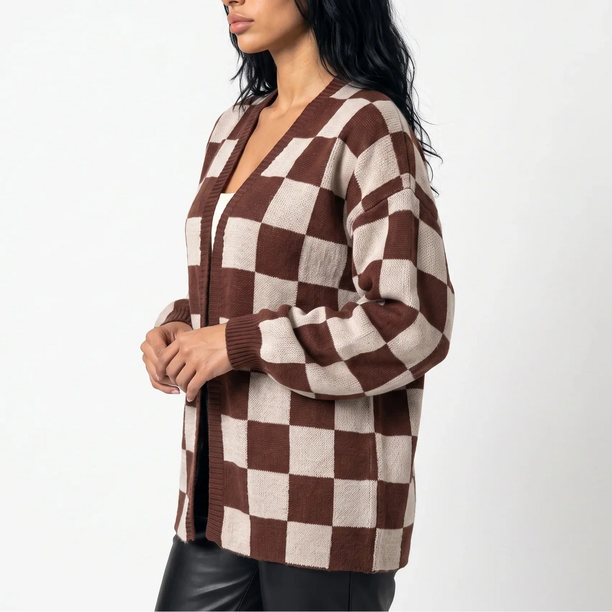 Women's Relaxed Fit Checkerboard Knit Autumn Cardigan