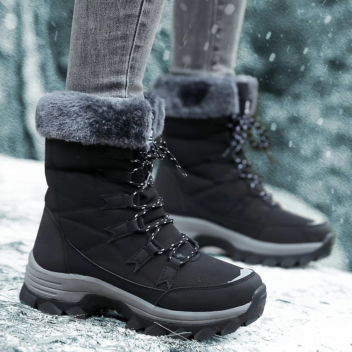 Women's Faux Fur Lined Mid-Calf Lace-Up Winter Snow Boots