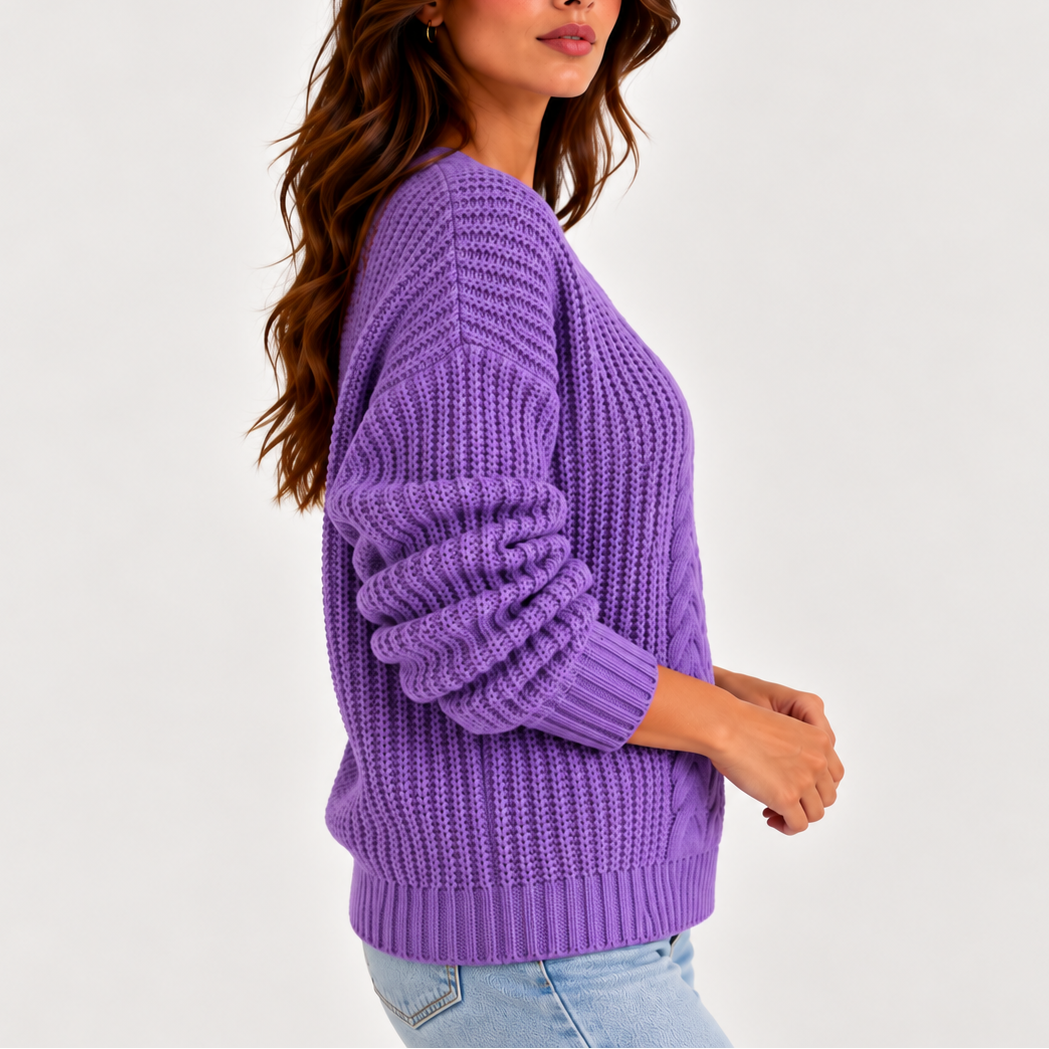 Women's Relaxed Fit Cable Front V-Neck Long-Sleeve Winter Jumper