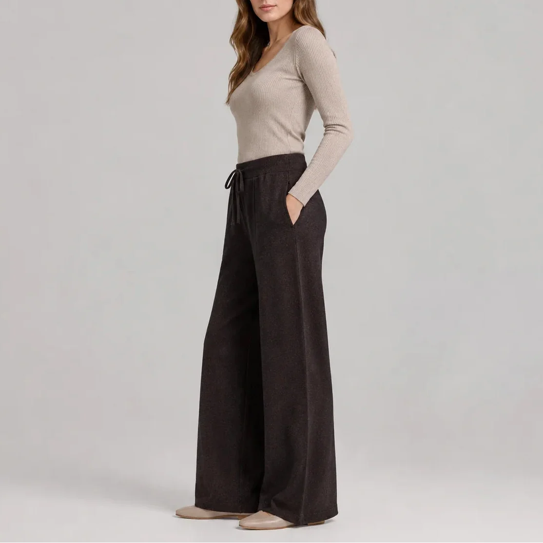 Women's Wide-Leg Drawstring Lounge Trousers with Side Pockets