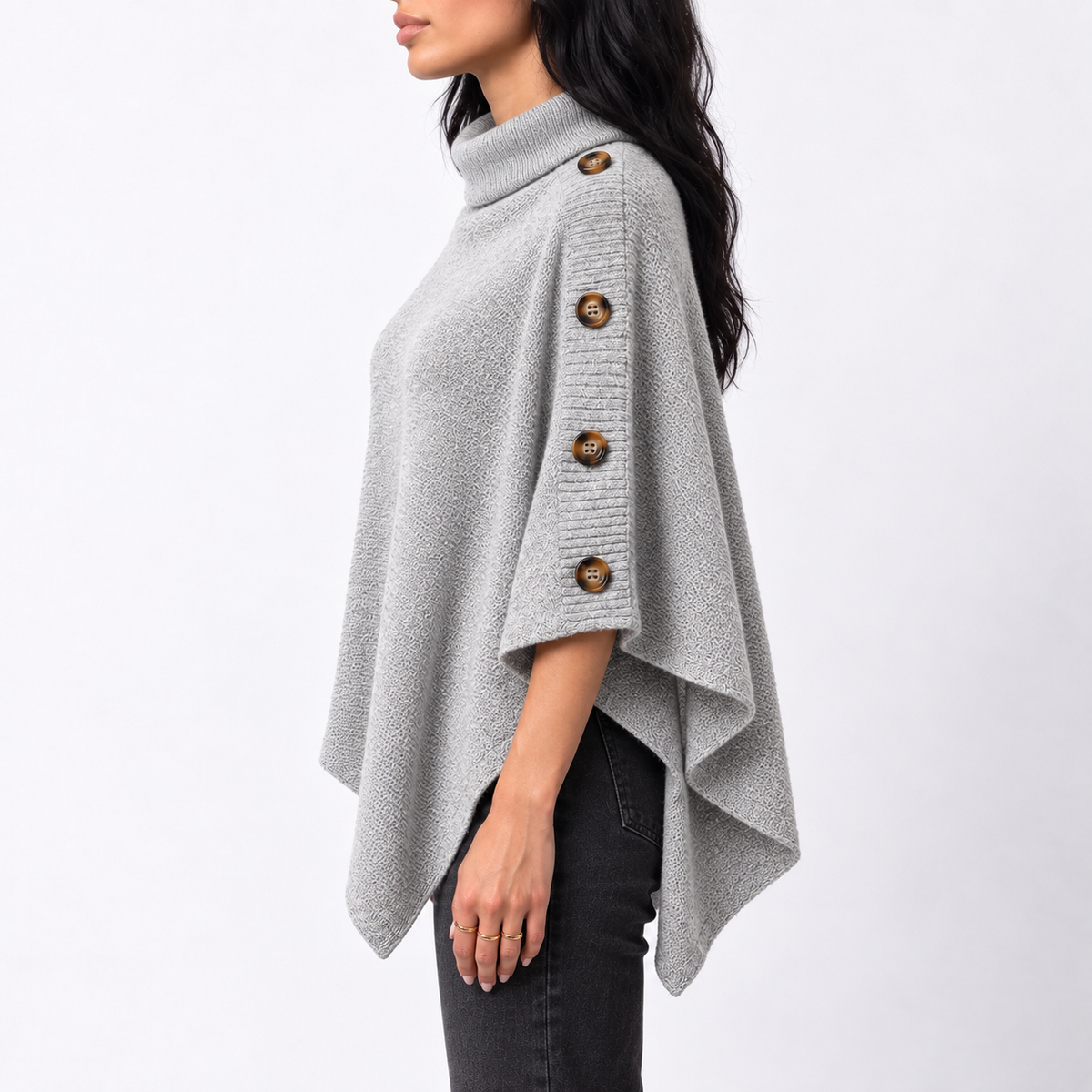 Women's Knitted Roll-Neck Button Detail Asymmetric Hem Winter Poncho