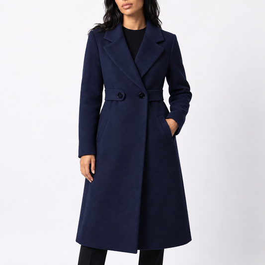 Women's Long Belted Wool Wide Lapel Winter Coat with Side Pockets