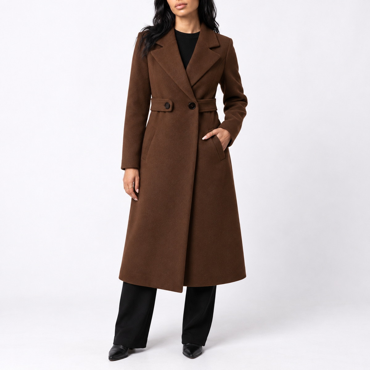 Women's Long Belted Wool Wide Lapel Winter Coat with Side Pockets