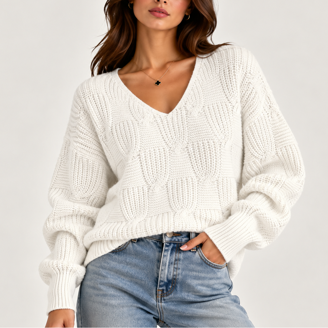 Women's Oversized All-Over Cable Knit V-Neck Winter Jumper